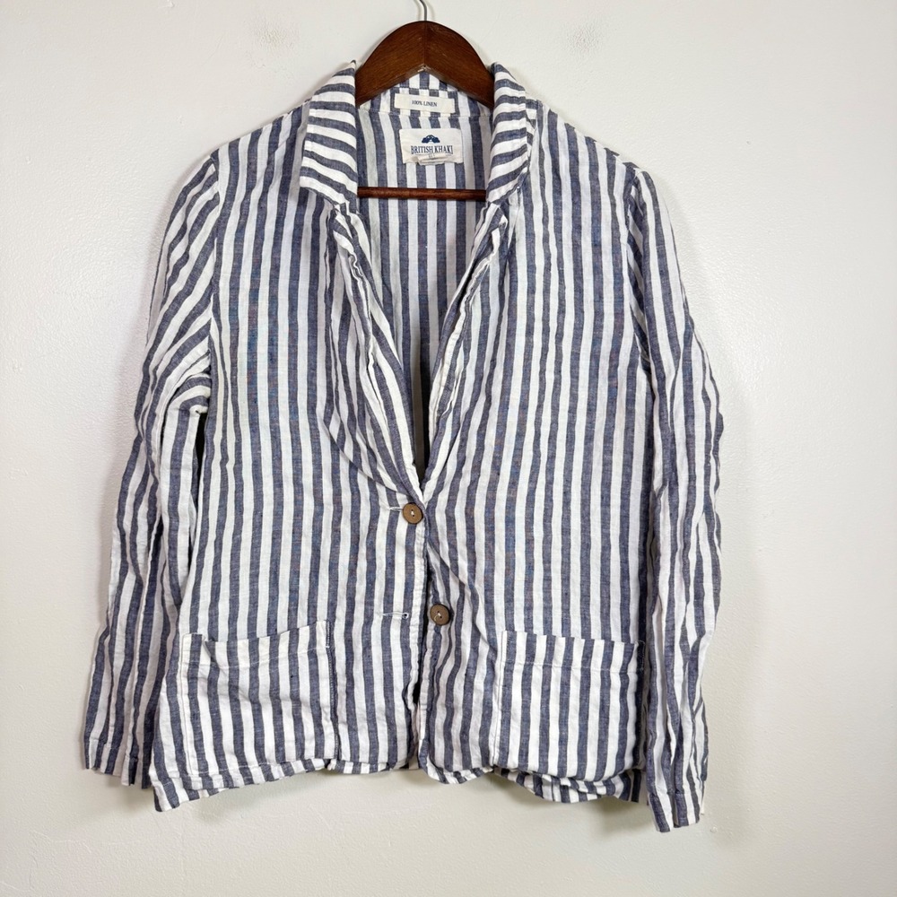 British Khaki Striped Linen Lightweight Blazer Size Large Blue White